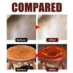 the before and after pictures show how to refinish an old table with paint