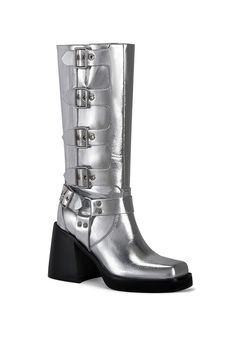 **FINAL SALE - NO EXCHANGES OR RETURNS** The BRONSON-SILVER HEELED MOTO BOOT is a sleek and stylish option for any fashion-forward individual. With its metallic silver design and black block heel, these boots are perfect for adding a touch of edge to any outfit. The silver hardware belted accents along the shaft add a unique and eye-catching detail. 70s Boots, Fold Over Boots, Pink Friday, Black Block Heels, Sandal Platform, Silver Design, Silver Heels, Boots And Sneakers, Sneaker Heels