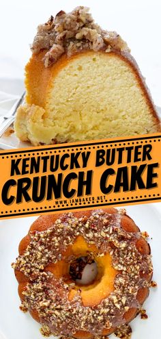 two different types of cake on plates with the words kentucky butter crunch cake above them