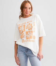 Billabong In Love With The Sun Oversized T-Shirt - Cream Medium, Women's Saltcrystal Distressed graphic t-shirt Bust measures 47 on size small Body length 27 1/2 on size small. 100% Cotton. Machine wash cold with like colors. Do not bleach. Tumble dry low. Cool iron if needed. Do not dry clean.. Measurements: Bust -Fullest part of bust with arms at sides. Waist -Circumference of natural waist: above belly button below rib cage. Hips -Standing with feet together fullest part of hips. WOMEN'S TOP Salt Crystal, Linen Loungewear, T Shirt For Women, Cashmere Coat, Love T Shirt, Oversized T Shirt, 2 On, Rib Cage, Jumpers And Cardigans