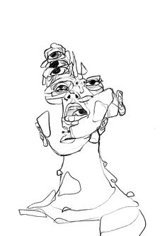 a black and white drawing of a woman's face with glasses on her head