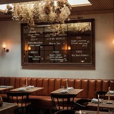 an empty restaurant with tables and chairs in front of a chalkboard menu on the wall