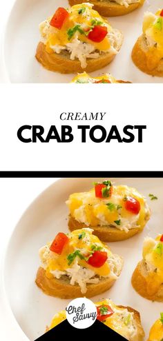 crab toast on a white plate with text overlay that reads, creamy crab toast