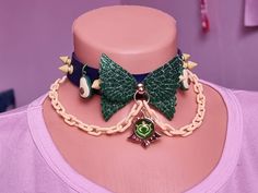 Cute Adjustable Choker For Parties, Cute Green Jewelry For Party, Adjustable Harajuku Style Choker As Gift, Adjustable Harajuku Choker As Gift, Cute Handmade Green Jewelry, Whimsical Adjustable Choker, Adjustable Whimsical Choker, Cute Pink Handmade Choker, Cute Handmade Pink Choker