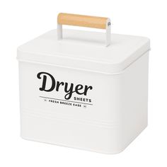 a white box with a wooden handle on the top that says dryer sweets in black lettering