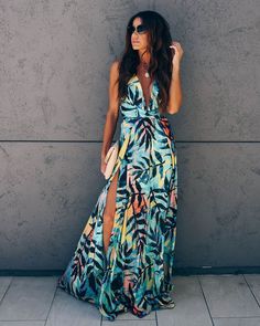 Mid-sleeve V-neck printed slim dress maxi – Trendha Club Dresses Black, Cheap Maxi Dresses, Tropical Print Dress, Maxi Sundress, Mode Boho, Slim Dress, Mode Casual, Maxi Dress Online, Hawaiian Dress