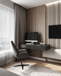 a room with a desk, chair and television on the wall next to a window