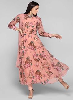 Flared Floral Pleated Sleeves Suit - Suits - Clothing - Women Crepe Suits Designs, Indian Salwar, Bias Cut Dress, Anarkali Kurta