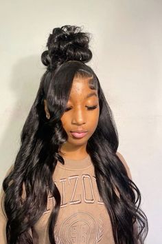 Half Up Half Down Wig With Bangs, Hairstyles For December, Layers Quick Weave, Quick Weave Updo, Hair Styles Side Part, Weave Updo Hairstyles, Lace Front Wigs Styles, Weave Updo, Hairstyles Curtain Bangs