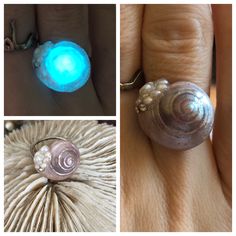 "This one of a kind replica Umbonium shell ring is made to order offering you the beauty and iridescence of a real pearl seashell. Here at Moonbranch Designs we specialize in creating replica seashell jewelry that does not have any impact on the environment the act of \"corporate shelling\"as it is called by companies and corporations is depleting the world's seashell supply- therefore here we create beautiful replicas of shells that have the added magical bonus of glowing using our one-of-a-kin Ocean-inspired Shell-shaped Jewelry Gift, Ocean-inspired Shell-shaped Mother Of Pearl Jewelry, Ocean-inspired Shell-shaped Rings As Gift, Silver Shell-shaped Ring For Gift, Kyber Crystal, Ocean-inspired Sterling Silver Mermaid Jewelry, Glowing Necklace, Mermaid Ring, Real Mermaids