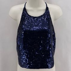 Alice & Olivia Size 6, Nwt Navy Blue Sequin Tank Top, Crisscross Spaghetti Straps, Zip In Back 16.5" Armpit To Armpit, 7" Armpit To Bottom Chic Blue Evening Tank Top, Chic Blue Tank Top For Evening, Chic Blue Halter Top For Evening, Chic Navy Top For Party, Chic Navy Tops For Party, Chic Navy Party Top, Navy Fitted Top For Night Out, Chic Blue Party Crop Top, Chic Blue Crop Top For Party