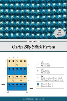 the garter slip stitch pattern is shown in blue and white, as well as two rows