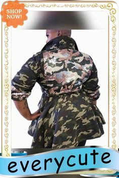 Green Camouflage Print Tie Waist Plus Size Jacket Military Camouflage Utility Jacket For Fall, Fall Combat Camouflage Utility Jacket, Camouflage Military Outerwear For Spring, Combat Style Camouflage Utility Jacket For Fall, Fitted Military Utility Jacket For Fall, Fitted Camouflage Military Outerwear, Plus Size Jacket, Peplum Jacket, Camouflage Print