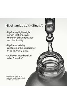 What it is: A universal serum for blemish-prone skin that smoothes, brightens and supports.What it does: This water-based serum boosts skin brightness, improves skin smoothness and reinforces the skin barrier over time. It contains a high 10% concentration of niacinamide (vitamin b3) and zinc PCA.Clinical results:In a clinical study of 35 subjects applying product twice a day for 8 weeks:- Hydrating lightweight serum that improves the look of skin radiance and luminosity.- Hydrates skin by reinf Ordinary Niacinamide, Hydrating Essence, Korean Skincare Routine, Skin Blemishes, Love Your Skin, Skin Radiance, Skin Benefits, Smoother Skin, Glass Skin