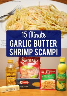 the ingredients for garlic butter shrimp scamp are shown