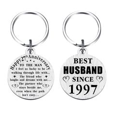 two key chains with the words, best husband since 1971 and happy anniversary to the man