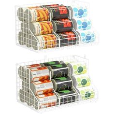 two plastic storage baskets with food items in them