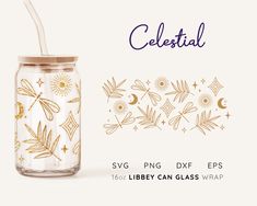 a glass jar with a straw in it and the words celestial written on it, along with an image of a dragon