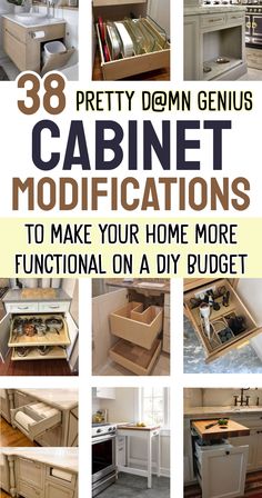 the instructions for how to make cabinets in an organized kitchen with drawers on each side