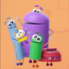 three cartoon characters are standing next to each other in front of a purple container with googly eyes