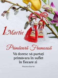 an image of two dolls hanging from a branch with flowers in the foreground and text that reads 1 marre primara frumosasa