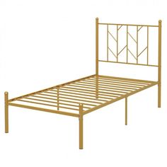 a gold metal bed frame with no headboard and foot board on the bottom side