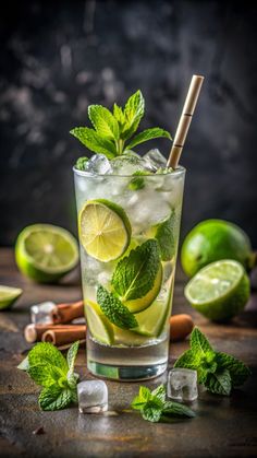 a mojito with limes and mint on the side, surrounded by ice cubes