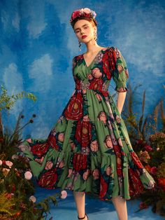 Dark Green Boho Collar Half Sleeve Woven Fabric Floral A Line Embellished Non-Stretch  Women Clothing Freida Kahlo Costume, Layered Hem Dress, Dark Green Boho, Mexican Dresses, Boho Green, Women Long Dresses, Hem Dress, Green Fashion, Elegant Dress