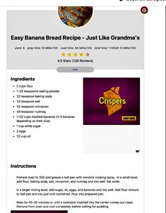 the recipe for bread is displayed on the website