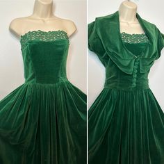 Very wonderful velvet 2 pc dress ensemble made by Nicholas Ungar,  This vintage ensemble, likely from the 1940s or 1950s, features a luxurious green velvet dress paired with a fitted overlay or bolero jacket. The dress is full-length, with a floor-grazing hemline that adds a touch of elegance. The velvet is cut in a rich, plush style that gives the fabric a soft, sumptuous appearance.  The dress itself has a strapless bodice adorned with an intricate cutout design along the neckline, which adds a delicate and feminine detail. The skirt is gathered at the waist, creating a flowing, voluminous silhouette that accentuates the waistline. The fitted overlay or bolero is tailored to match the dress, with buttons running down the front and a wide, draped collar that adds a sophisticated touch. Th Vintage Velvet Dress With Fitted Bodice, Strapless Vintage Dress For Vintage Events, Strapless Vintage Dress For Events, 1950s Style Green Formal Dress, Green 1950s Style Formal Dress, Vintage Velvet Cocktail Dress, Vintage Strapless Formal Dress, Velvet Vintage Dress For Vintage Events, Vintage Velvet Wedding Dress