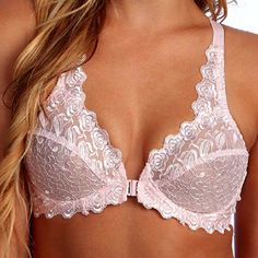 Embroidery: 70% Polyester, 30% Nylon Lining: 100% Polyester Side Back: 88% Polyester, 12% Spandex Embroidered Lace Underwire Bra Unpadded Semi-Sheer Lace Underwire Cups For Breathable And Comfortable Support, Lift And Shape Deep Plunge Cut Makes It Perfect For V-Neck Or Low Cut Tops. All-Over Scallop Lace Trim For An Ultra-Feminine Look Front Closure For Ease Of Use. Pink Nylon Bra, Lace Push-up Bra With Medium Bust Support, Pink Low-cut Lined Bra, Spring Lace Trim Push-up Bra, Push-up Lace Bra With Removable Cups, White Lace Corset, Pink Push-up Bra With Lace Closure, Black Lace Corset, Lace Underwire