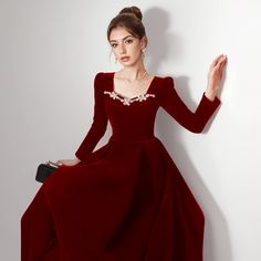 Olivia Mark - Velvet Long Sleeve Evening Gown in Black with Artistic Design Red Long Sleeve Evening Dress For Winter, Elegant Red Evening Dress For Winter, Red Long Sleeve Evening Dress For Fall, Burgundy Fitted Long Sleeve Gown, Red Long Sleeve Gown For Holidays, Red Long Sleeve Holiday Gown, Red Dresses For Fall Gala, Red Dress For Fall Gala, Festive Red Velvet Dress