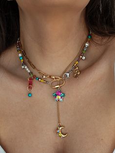 Multi Color Choker Pearl Necklace With Carabiner Lock, Swarovski Star Pendant, Chunky Colourful 90s Jewelry, Gold Moon Celestial Charm - Etsy Choker Pearl Necklace, Choker Pearl, 90s Jewelry, Gold Curb Chain, Layering Necklaces, Necklace Layered, Gold Moon, Gold Necklace Layered, Moon Pendant