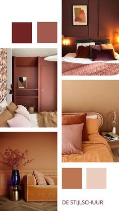 a collage of photos with different colors and furniture in the same room, including a bed