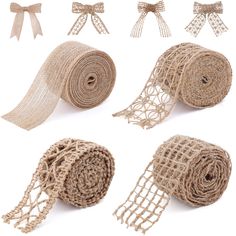 four rolls of burlock tied together with bows and ribbons on the side,