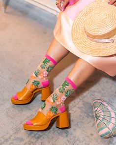 Perfect for your next vacation, our Tropical Pineapples Sheer Crew Sock features color blocked pineapples in pink and orange interspersed with Hawaiian leaves. These cheerful pineapple socks will have you on island mode in no time! This item is final sale. One Size. Recommended fit US W5.5-10. 200 Needle Count. ✨ Funky yet elegant - no silly or childish patterns 🧦 Premium quality - durably made with comfortable stretch 👗 Unique - the perfect accessory to add individuality to your outfits Fun Multicolor Summer Socks, Playful Pink Summer Socks, Fun Pink Socks For Summer, Trendy Orange Socks For Spring, Playful Yellow Socks For Summer, Casual Pink Socks For Summer, Trendy Yellow Summer Socks, Sock Candy, Hawaiian Leaves