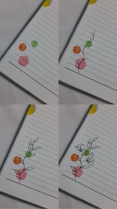 four pieces of lined paper with flowers drawn on them and colored pencils next to each other