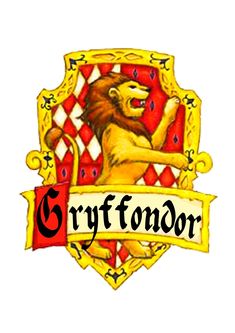 the gryffindor logo is shown in red and yellow with an image of a lion