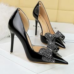 Rhinestone Bowknot Patent Leather High Heels Heels Rhinestone, African Shoes, Elegant High Heels, Wedge Heel Boots, Heels Stilettos, Fashion Diva, Butterfly Knot, Shoes Luxury, Black Shoes Women