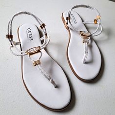 T Strap White Sandals Size: 7 Bought From Guess New Never Used White Toe Post Summer Sandals, Trendy White Toe Post Sandals, White Adjustable Flat Sandals, Guess Sandals, Gift Wishlist, Gladiator Heels, Juicy Couture Charms, Square Toe Heels, Leather Heels Sandals