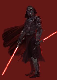 a star wars character with two lights sabers in his hand and a red background