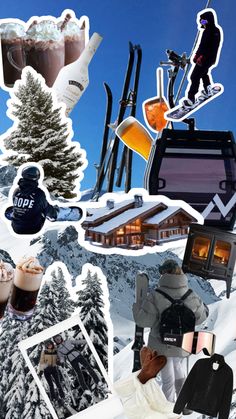 a collage of ski and snowboard related items including drinks, photos, and pictures