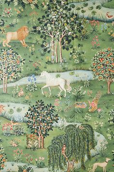 an image of a painting with animals and trees in the background on a green ground