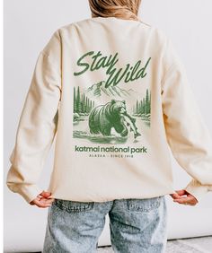 Katmai Alaska National Park Sweatshirt, Granola Girl Aesthetic Crewneck, Front & Back Graphic Pullover, Outdoorsy Style Casual Fall Hiking Tops, Casual Tops For Fall Hiking, Casual Crew Neck Sweatshirt For Adventure, Casual Sweatshirt With Letter Print For Outdoor Activities, Casual Sweatshirt With Letter Print For Outdoor, Casual Letter Print Sweatshirt For Outdoor Activities, Fall Hiking Sweatshirt With Letter Print, Fall Adventure Letter Print Sweatshirt, Letter Print Sweatshirt For Fall Adventure