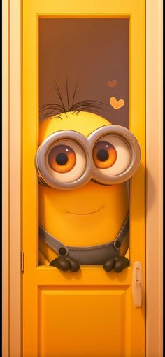 a yellow door with an image of a minion peeking out from it's side