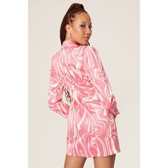 Pink zebra satin (100% Recycled Polyester) Sheath. Collared neckline. Long sleeves. Front button closure. Imported. Spring Mini Dress With Zebra Print, Trendy Zebra Print Spring Dresses, Spring Zebra Print Mini Dress For Night Out, Elegant Zebra Print Dress For Night Out, Spring Night Out Zebra Print Dress, Spring Party Dress With Zebra Print, Trendy Zebra Print Dresses, Mini Length Zebra Print Party Dress, Fitted Zebra Print Mini Dress For Party