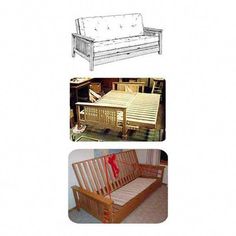 three different types of wood furniture including a futon, bed frame and mattresses