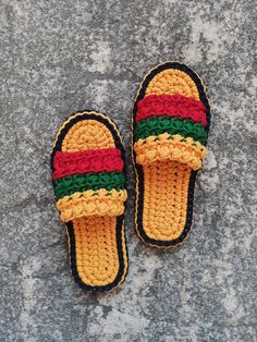 Step into personalized comfort with our Custom-Made Flag Colors Crochet Slippers! Embrace your national pride and represent your roots with these unique and cozy slippers tailored to the colors of your country's flag. 🌍 How It Works: Choose your size. Let us know where you're from. We'll handcraft slippers featuring the vibrant colors of your country's flag. Care Instructions: These crochet slippers are a breeze to maintain. Simply toss them in the washing machine with a gentle cycle at tempera Casual Multicolor Slippers With Rubber Sole, Casual Yellow Slippers With Rubber Sole, Comfortable Multicolor Slip-on Slippers, Casual Crochet Yarn Slippers, Casual Multicolor Non-slip Slippers, Handmade Casual Beach Slippers, Comfortable Multicolor Slippers For Vacation, Comfortable Multicolor Flat Slippers, Handmade Comfortable Casual Slippers