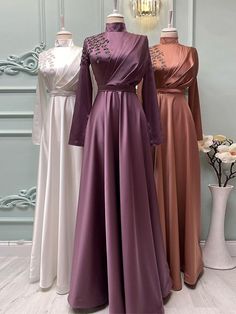 2023 Elegant Muslim Evening Dress Long Sleeves High Embellished Satin Evening Dress For Banquet, Embellished Satin Evening Dress For Banquets, Embellished Satin Dress For Banquet, Embellished Satin Dress For Banquets, Sequin Satin Dress For Banquet, Floor-length Prom Dress With Pearl Embroidery, Elegant Satin Dresses With Pearl Embroidery, Long Sleeve Embellished Satin Gown, Prom Dresses Custom