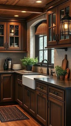 a kitchen with wooden cabinets and dark wood flooring is lit by pendant lights above the sink